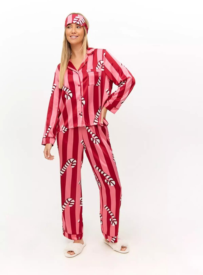 Mini Me Women's Pink Striped Candy Cane Traditional Satin Pyjamas & Eye Mask Set