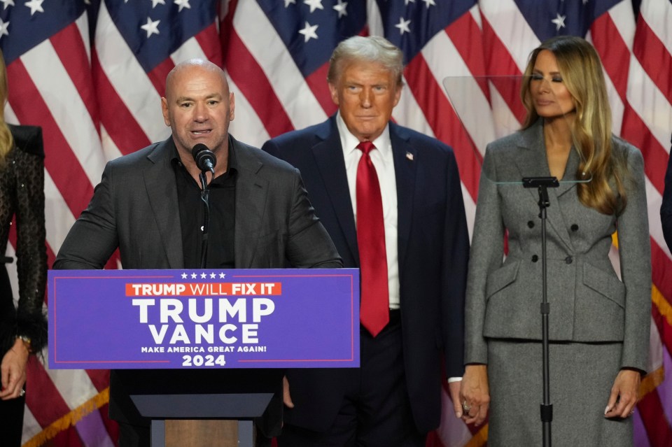 Trump, above with Melania and Dana White at the Palm Beach Convention Center, has repeatedly stated that he has nothing to do with the Project 2025 initiative