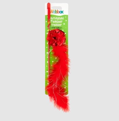 a christmas feather teaser for cats with a red bow .