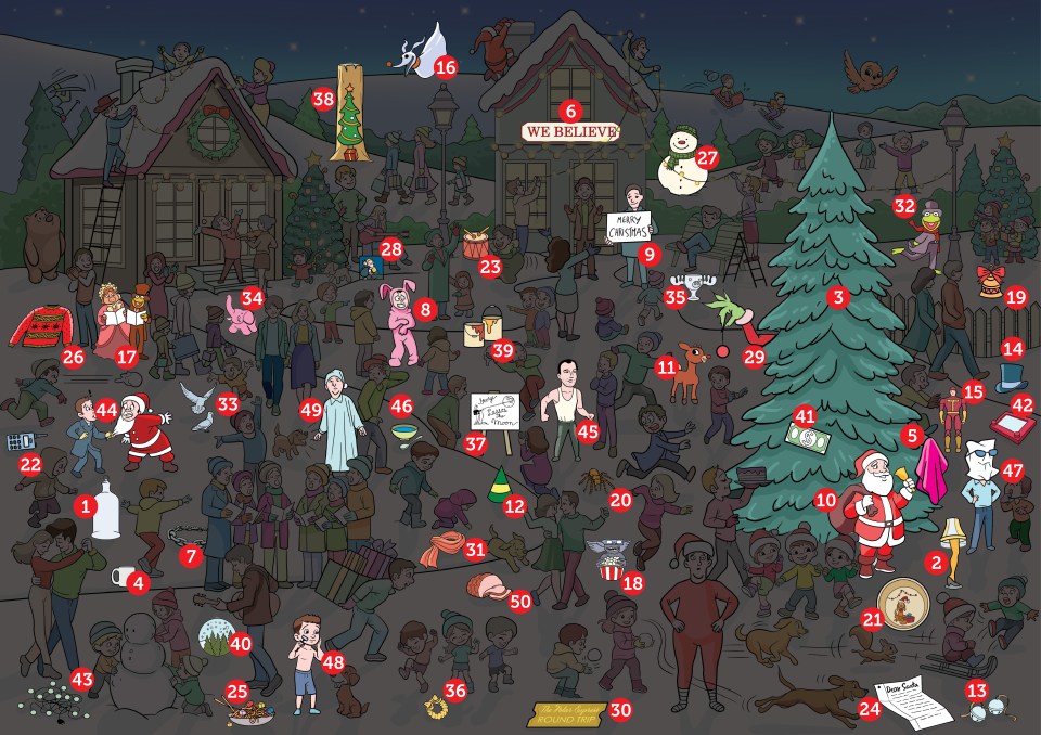 The answer key shows all the Christmas film-themed items hidden in the image