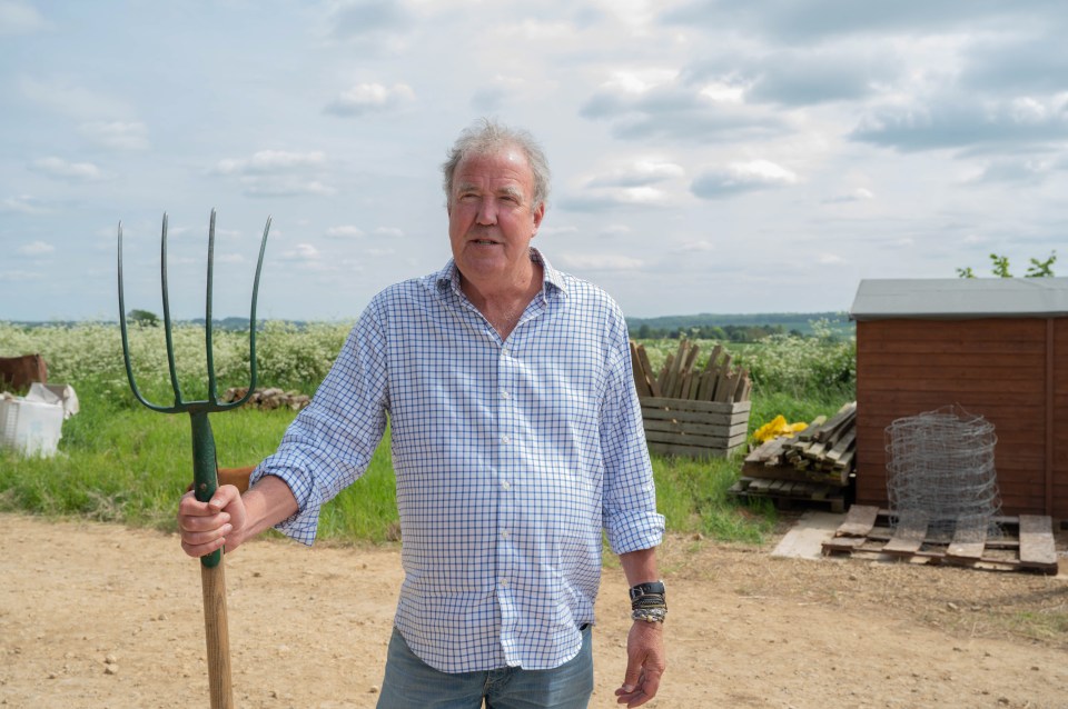 a man in a plaid shirt is holding a pitchfork