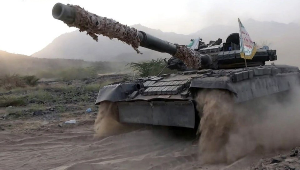 A Houthi tank taking part in a military exercise in northern Yemen in October