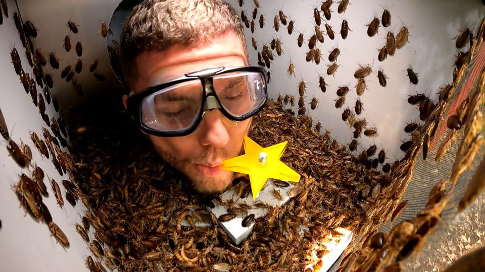 a man with a star in his mouth is surrounded by cockroaches