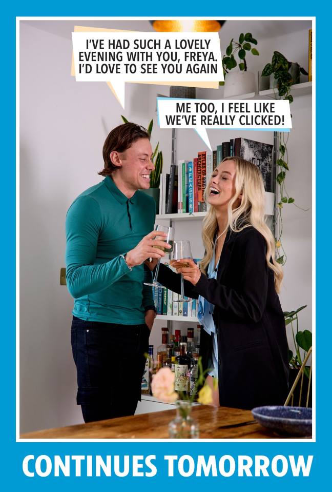 a man and a woman toasting with wine glasses and a speech bubble that says " continues tomorrow "