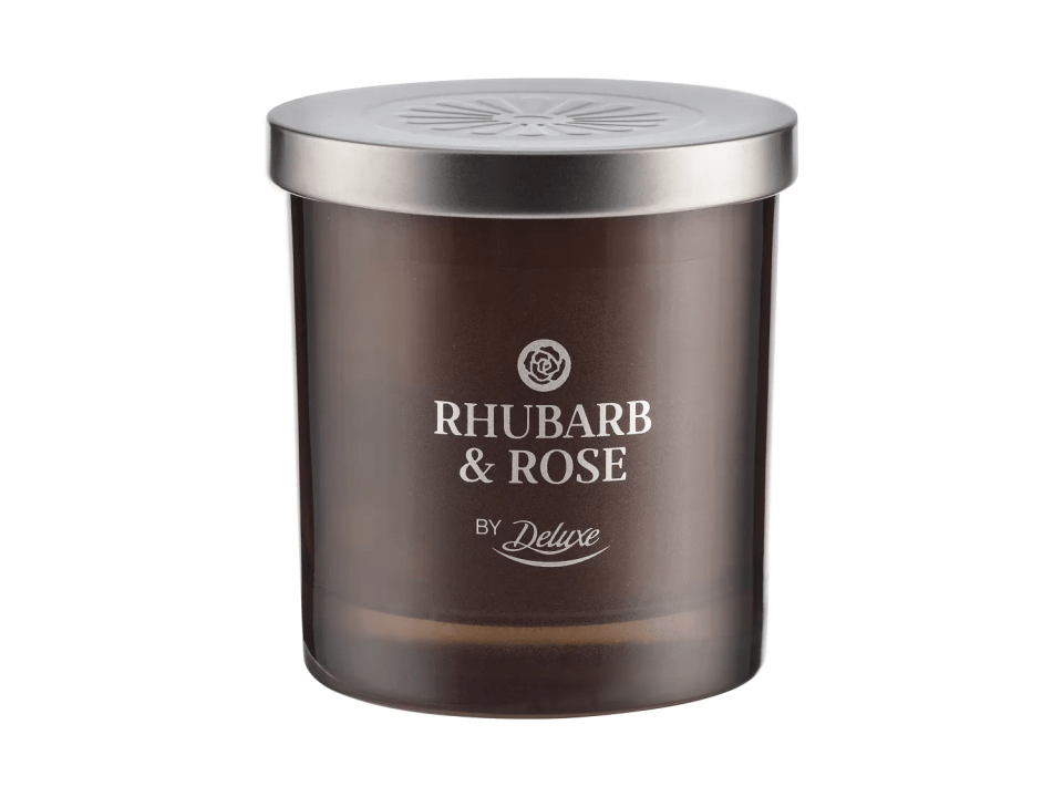 a rhubarb and rose candle by deluxe