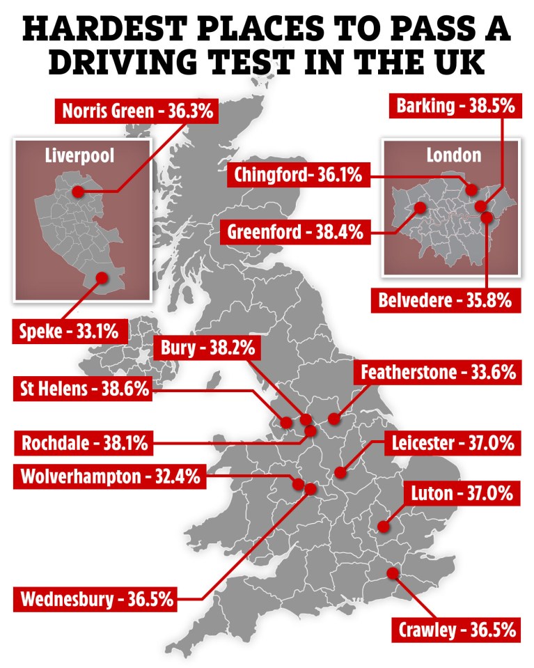 Three locations in London make up the hardest places to pass a driving test