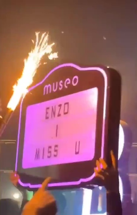 A sign reading 'Enzo I miss u' prompted laughter on the night out