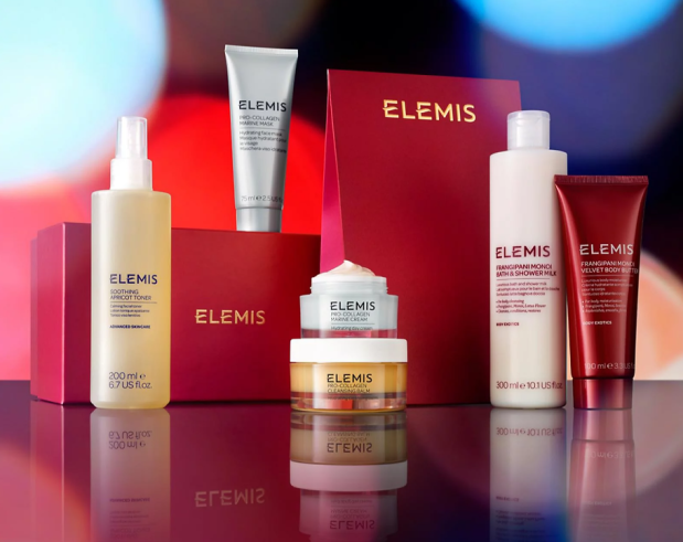 a collection of elemis products are displayed on a table