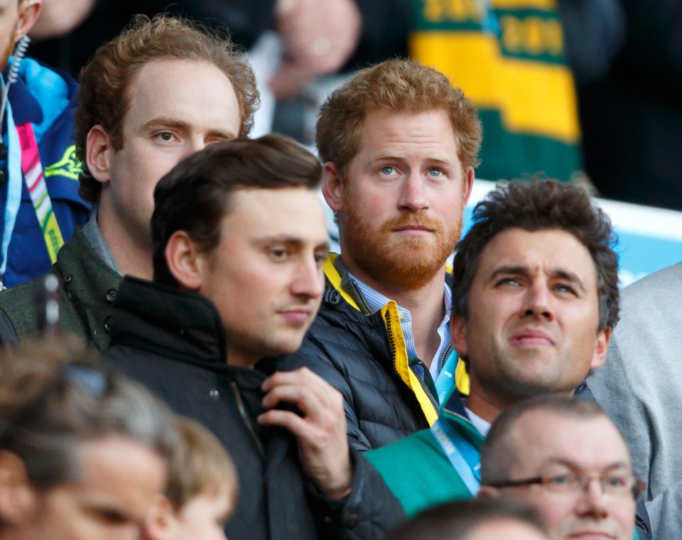 Prince Harry and Thomas van Straubenzee attend the 2015 Rugby World Cup Semi Final match between Argentina and Australia at Twickenham