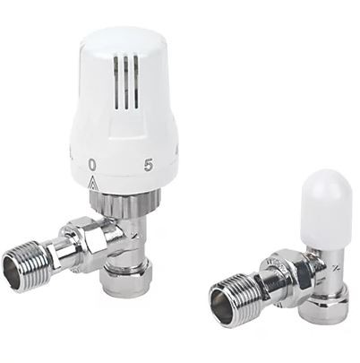 White Angled Thermostatic TRV & Lockshield 15mm x 1/2" (