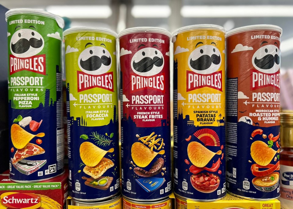 Five Pringles Passport Flavors: Italian pepperoni pizza, Italian focaccia, French steak frites, Spanish patatas bravas, and Moroccan roasted pepper & hummus.