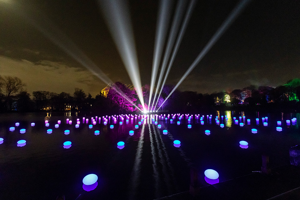 a display of purple and blue lights on a body of water