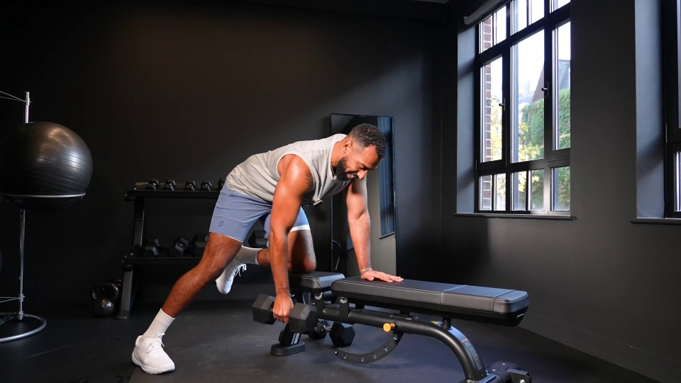 Use the bench again for single-arm rows using a dumbbell