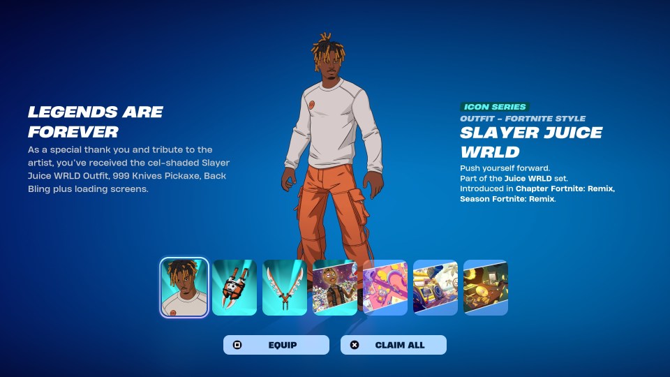 Together with the Slayer Juice WRLD skin, players will also grab two other cosmetic items and four loading screen backgrounds