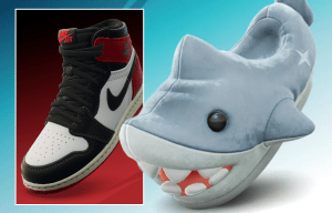 a pair of nike shoes next to a stuffed shark