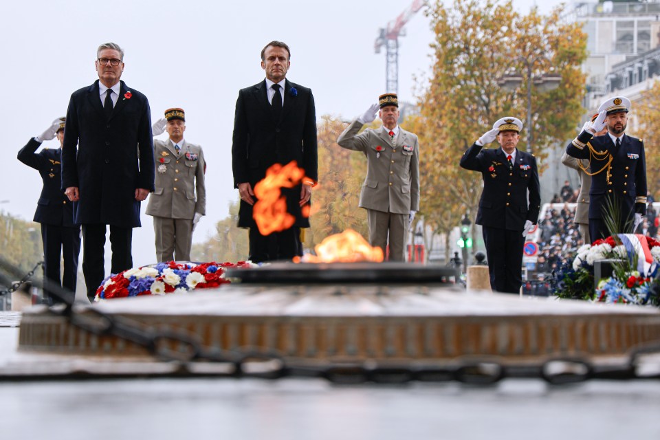 Sir Keir Starmer stands shoulder to shoulder with French President Emmanuel Macron on Armistice Day