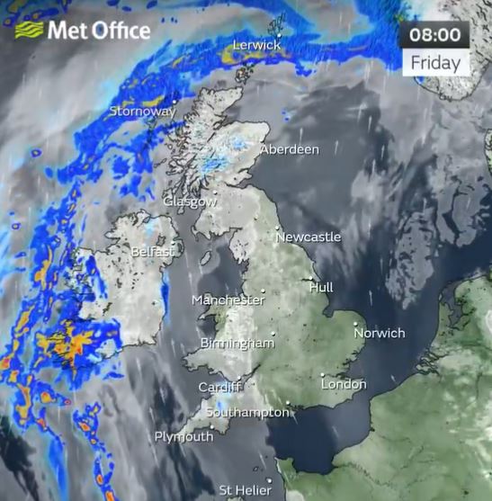 Friday morning will be cloudy in the west with bands of rain brushing into Northern Ireland and Scotland