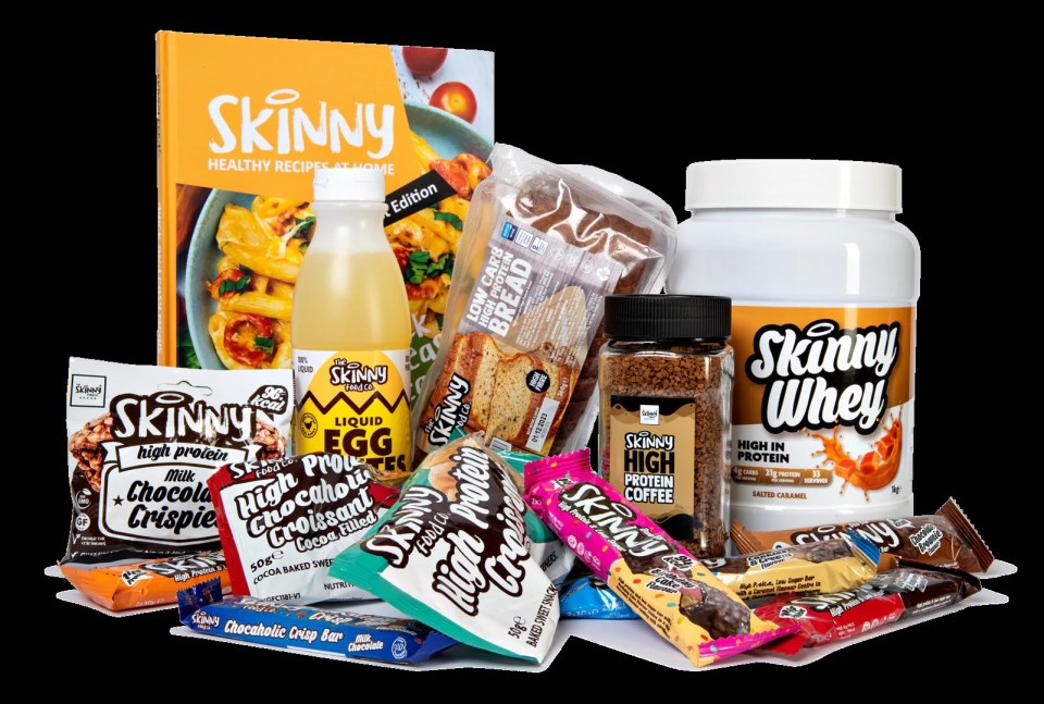 a variety of skinny products are displayed on a table