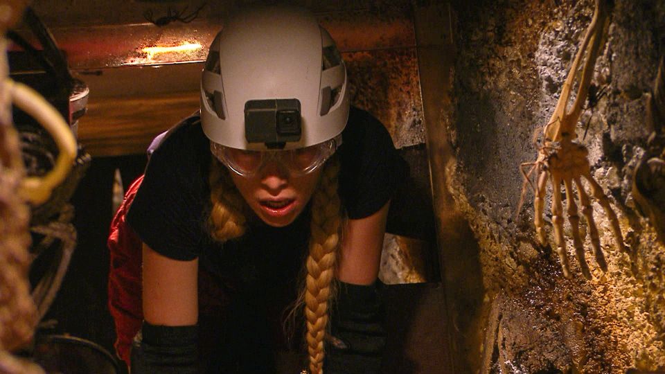 GK Barry crawls through a dark tunnel for tonight's Bushtucker Trial