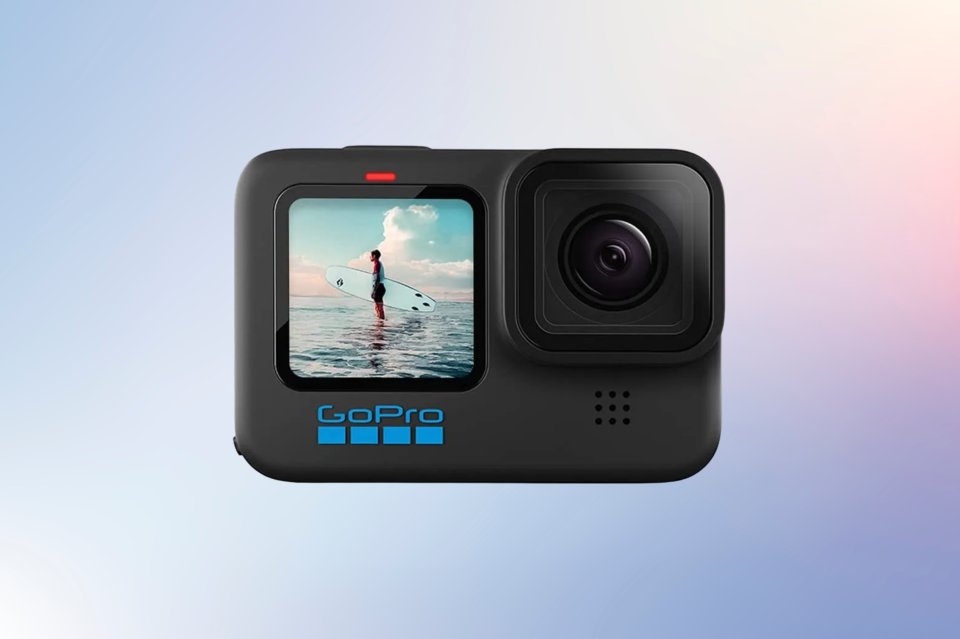 a gopro camera shows a man on a surfboard in the water