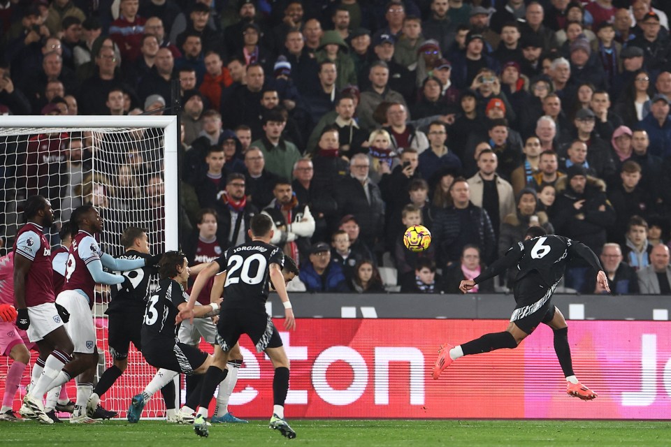 Gabriel heads home to fire Arsenal into an early lead during Saturday night's London derby with West Ham.