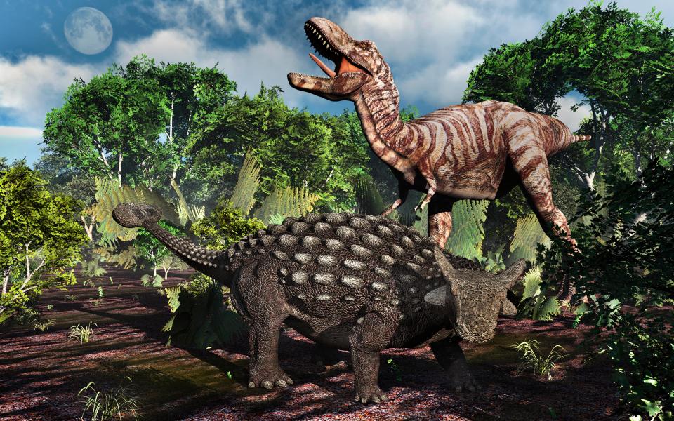 an artist 's impression of two dinosaurs in a forest