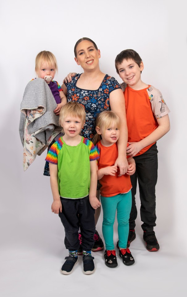 Donna, holding Sophia, then left to right, Oliver, Olivia and Daniel, says she has a gruelling schedule as a busy mum as well as working in a takeaway