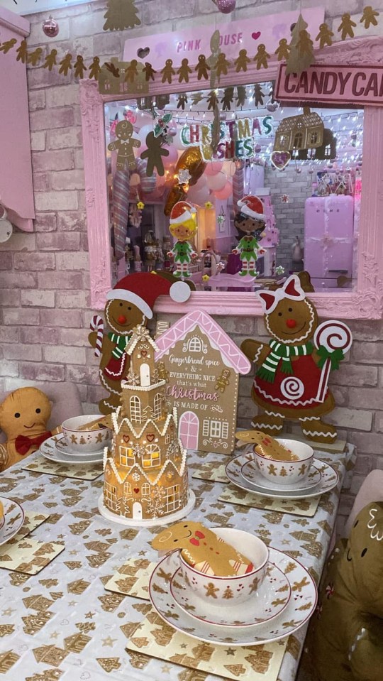 a candy cane sign hangs above a table