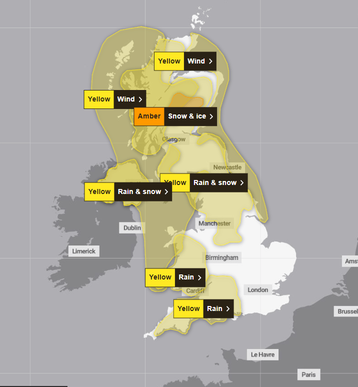 The Met Office has issued several yellow and amber warnings