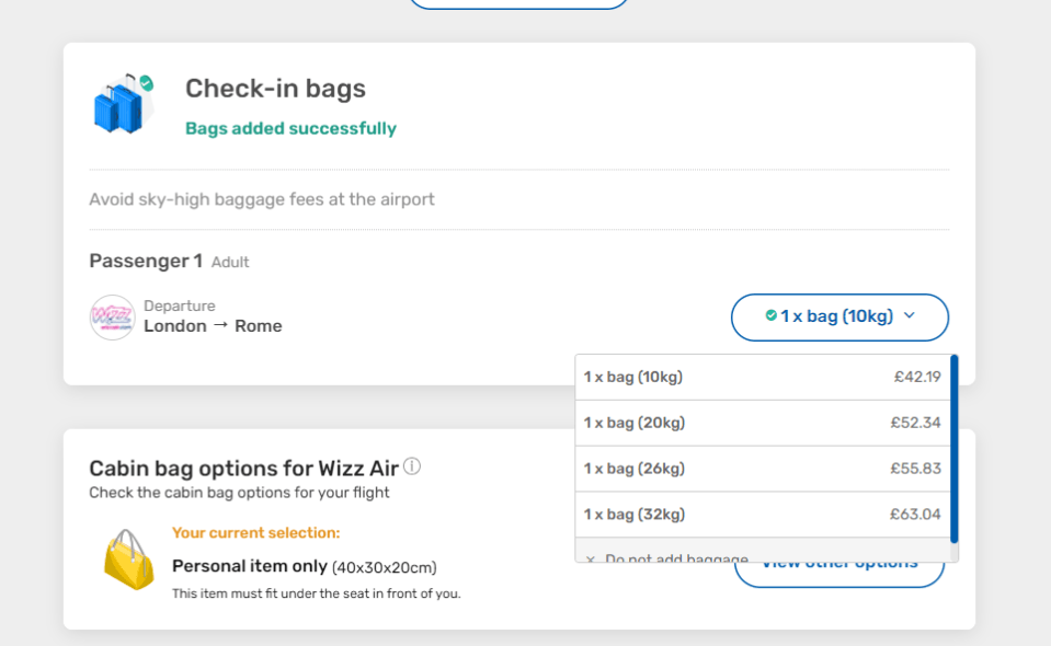 a screenshot of a website that says check-in bags bags added successfully