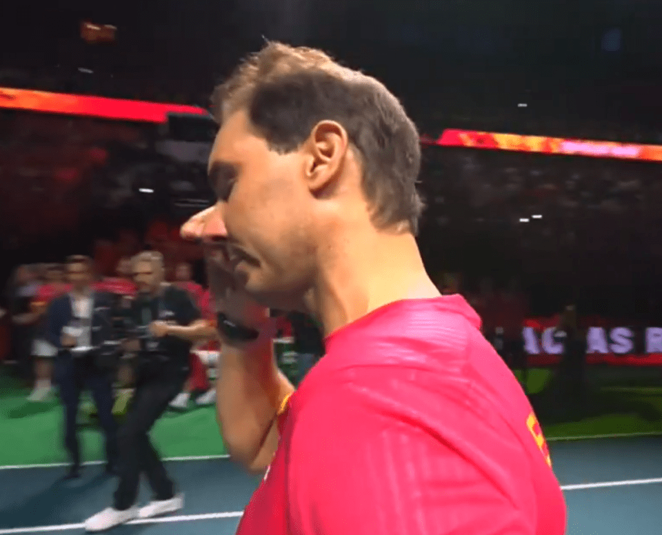 a man in a red shirt stands on a tennis court