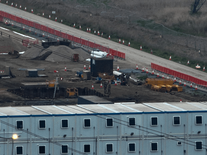 an aerial view of a construction site with a sign that says ' a ' on it