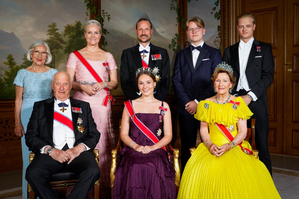 Marius Borg Hoiby, top right, pictured with Princess Ingrid Alexandra, King Harald V, Queen Sonja, Crown Princess Mette-Marit, Crown Prince Haakon and Prince Sverre Magnus