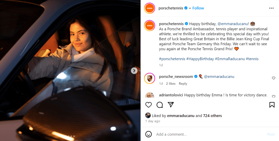 Porsche Tennis posted a birthday message on Instagram