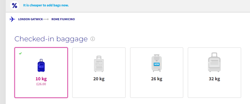 a screenshot of a website that says it is cheaper to add bags now