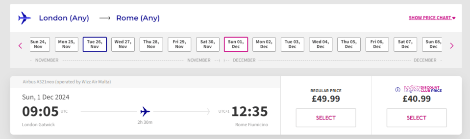 a website shows a flight from london to rome