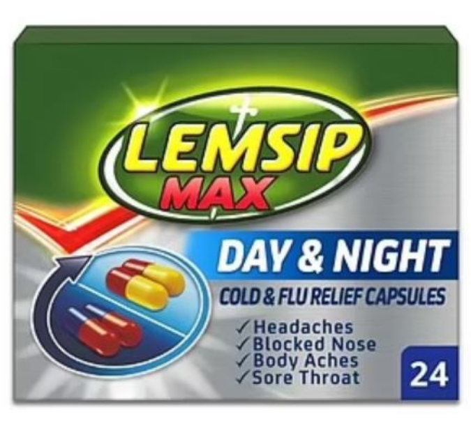 a box of lemsip max day and night cold and flu relief capsules