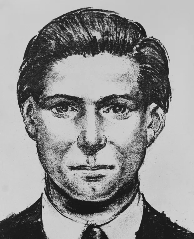 a black and white drawing of a man in a suit and tie