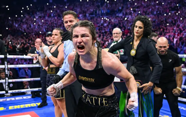 Katie Taylor celebrating her revenge victory over Chantelle Cameron in their rematch