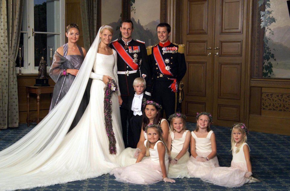 Hoiby (centre) is the son of Mette-Marit (pictured here on her wedding day) and stepson to Norweigan Crown Prince Haakon (second right)