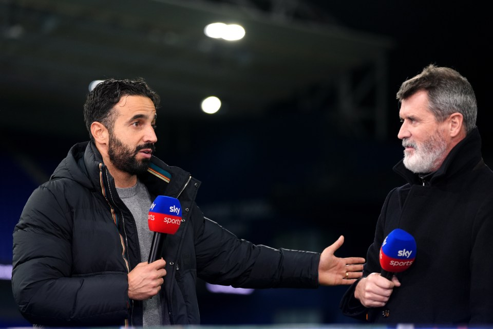 Keane chats with new Man Utd boss Ruben Amorim during yesterday's coverage