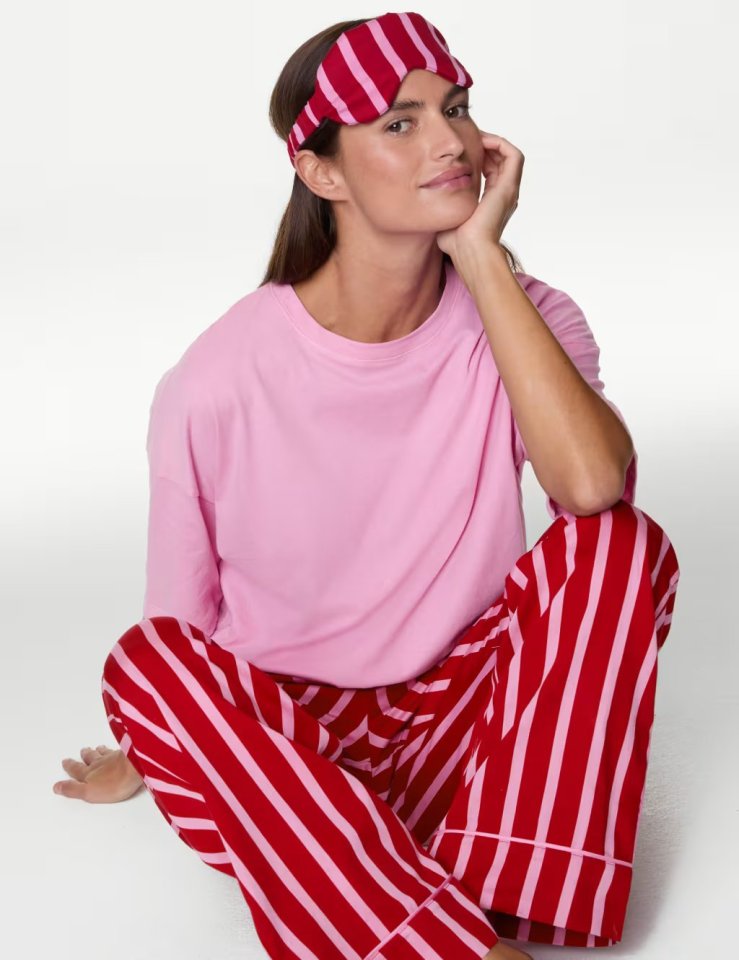 Women's Candy Striped Family Christmas Pyjama Set with Eye Mask, Marks & spencer