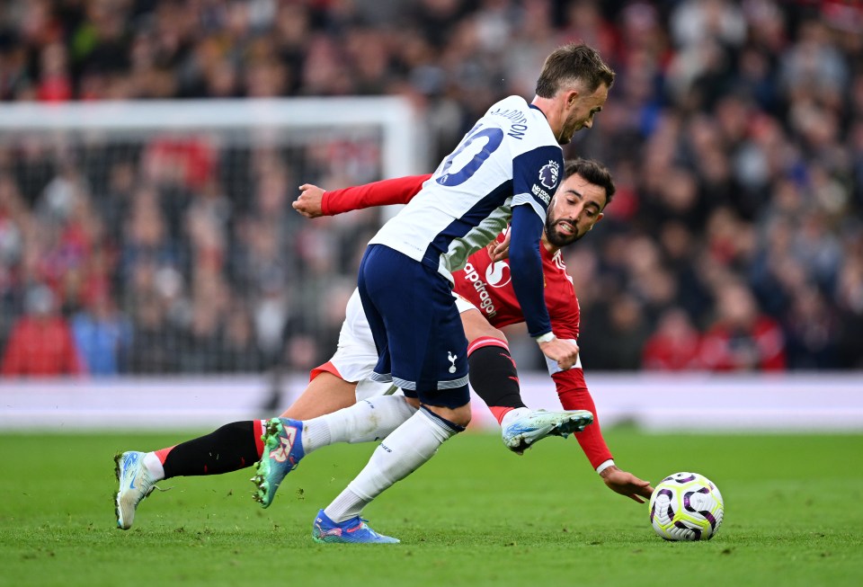 Bruno Fernandes initially saw red for this foul on James Maddison but it was later overturned