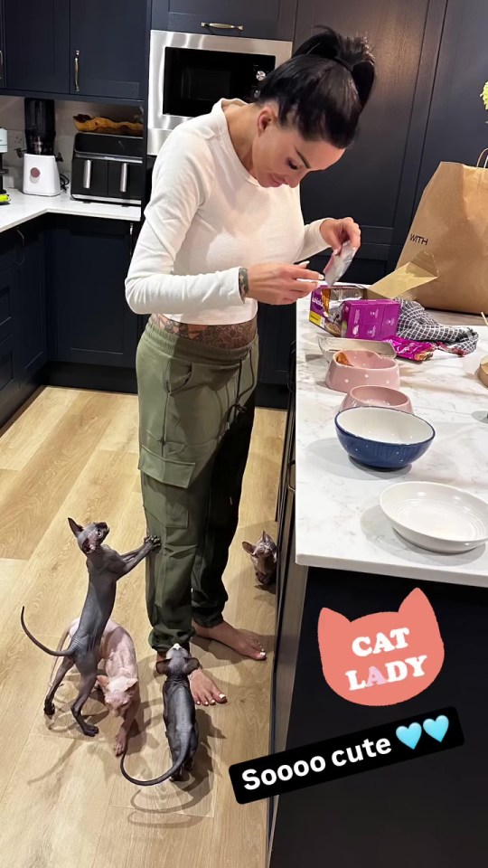 Katie often cooks with her cats in tow