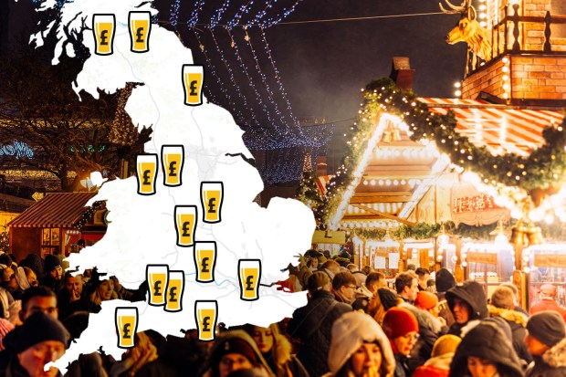 a map of the united kingdom with a christmas market in the background