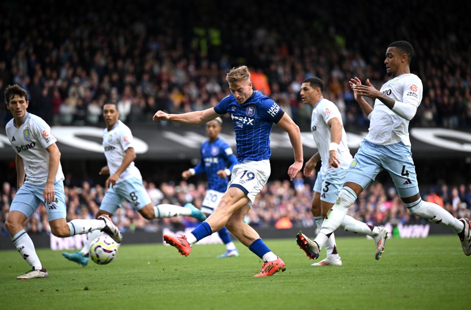 Liam Delap of Ipswich Town scores a goal.