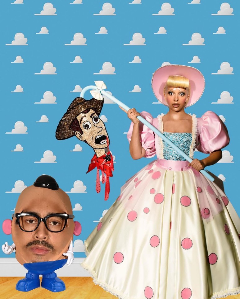 a man in a mr. potato head costume stands next to a woman dressed as bo peep from toy story