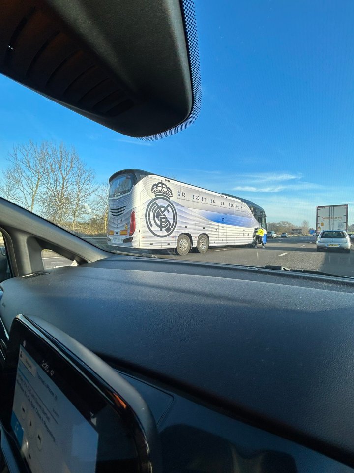 Real Madrid's team coach has been seen stuck on the side of the M40