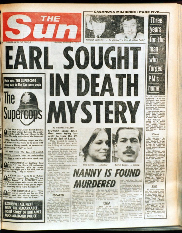 The Sun's front page about the Lucan mystery