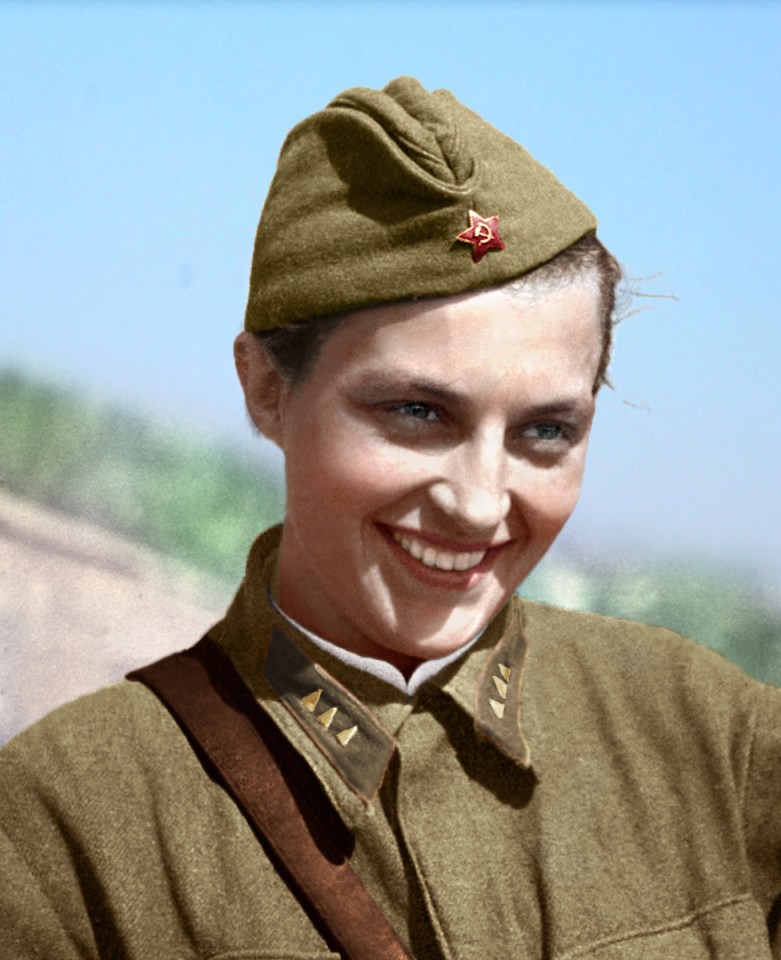 A colourised image of Pavlichenko in her uniform